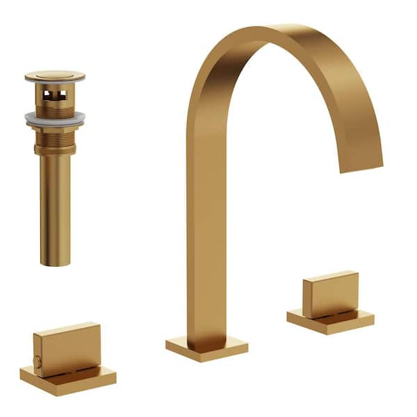 8 in. Widespread Waterfall High-Arc 2-Handle Bathroom Faucet 1.2 GPM at 60 PSI Pop-Up Drain Included in Brushed Gold