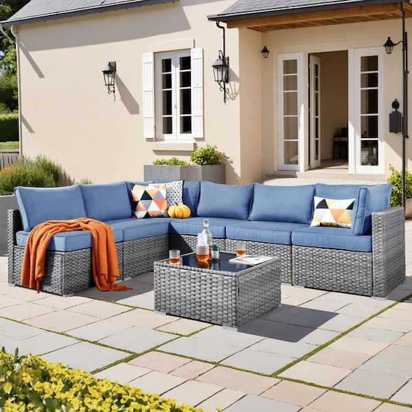 weaxty W Daffodil D Gray 7-Piece Wicker Patio Conversation Sofa Set with Denim Blue Cushions