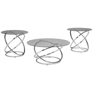 Contemporary 3-Piece 26 in. Clear/Silver Medium Round Glass Coffee Table Set with Metal Rings Base