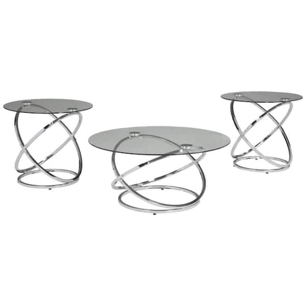 Round Glass Coffee Table Set, Silver Circular Side Table
