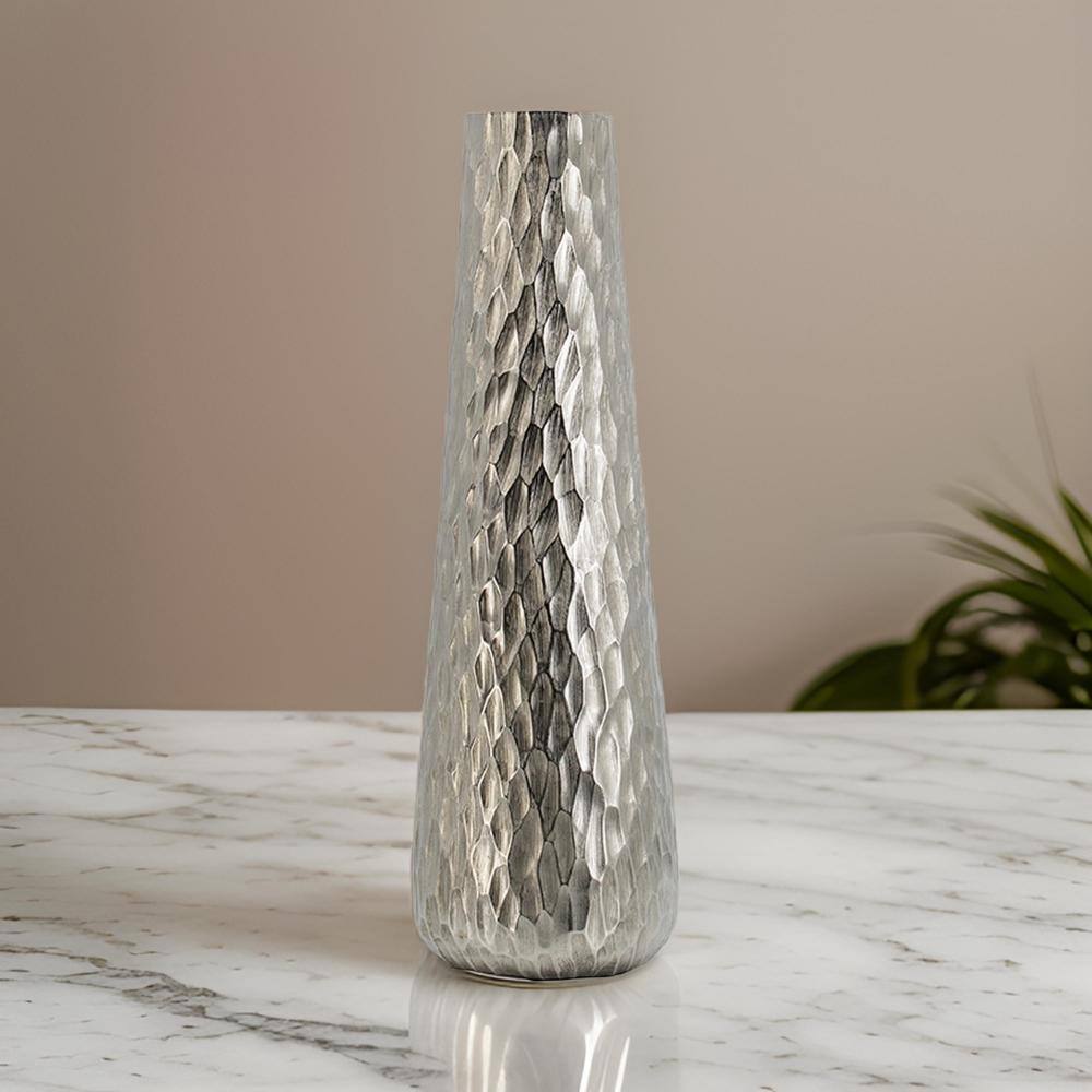 23-Inch Silver Diamond Textured Aluminum Tapered Vase