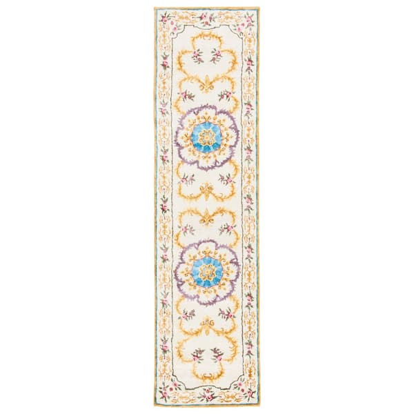 Savonnerie 3 ft. x 10 ft. Ivory/Multi Ornate Oriental Runner Rug
