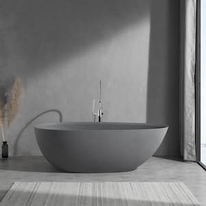 67 in. x 33.46 in. Solid Surface Stone Freestanding Soaking Bathtub with Left Drain in Cement Grey/Matte