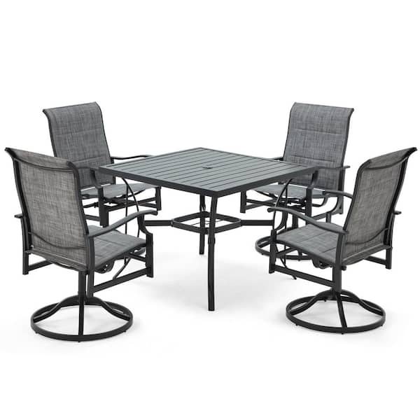 HOMMOW 5-Piece Patio Dining Table Set for 4 with Swivel Chairs and Square Table with Umbrella Hole, Gray