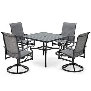 5-Piece Patio Dining Table Set for 4 with Swivel Chairs and Square Table with Umbrella Hole, Gray