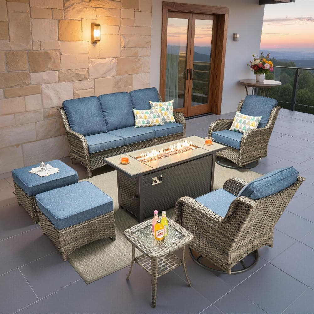 "Newport Gray Wicker 7-Piece Patio Conversation Sofa Swivel Chairs Set with Denim Blue Cushions and 54"" Metal Fire Pit" price history on PriceWatchPro