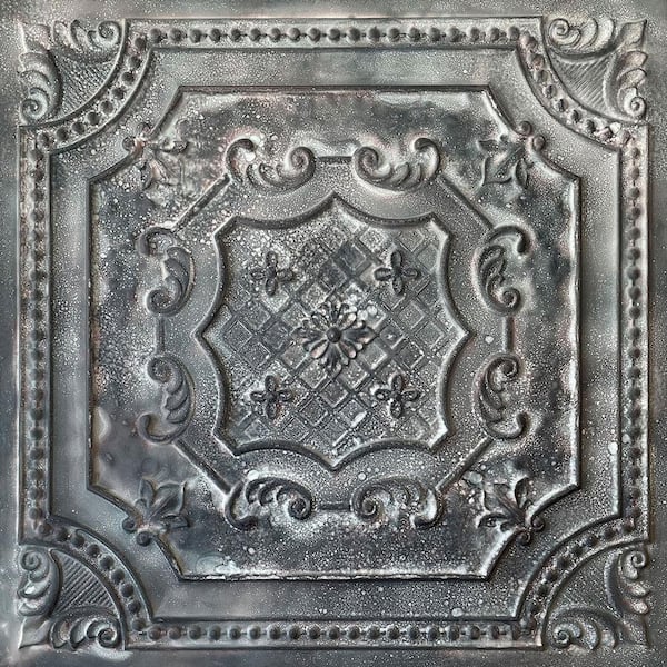 FROM PLAIN TO BEAUTIFUL IN HOURS Elizabethan Shield Reclaimed Tin 2 ft. x 2 ft. PVC Glue Up or Lay In Ceiling Tile (100 sq. ft./case)