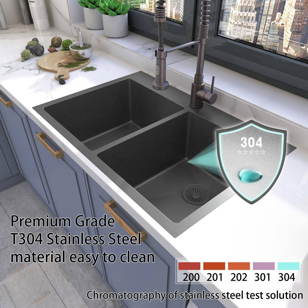 Sinber 33" Black Stainless Steel Double Bowl Kitchen Sink with Drainboard