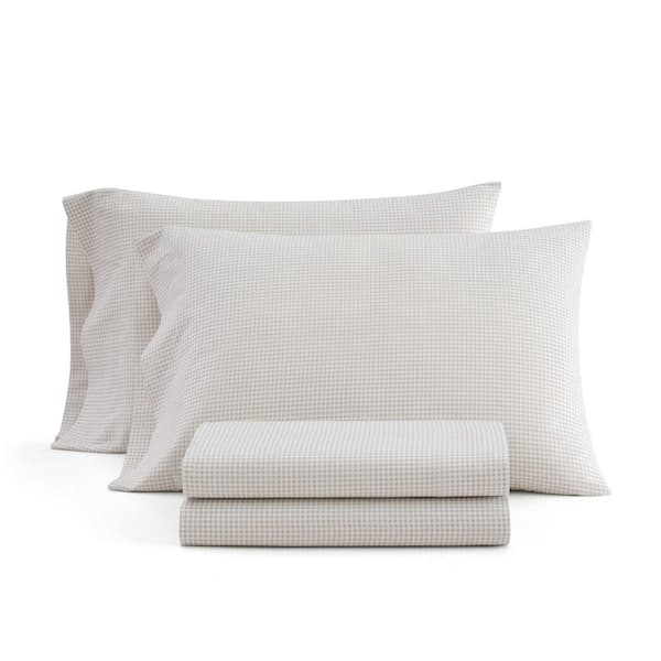 MS Gingham 3-Piece White/Sandcastle Beige Cotton Percale Twin Sheet Set