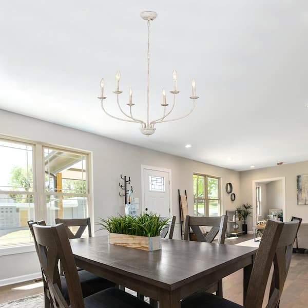 6-Light White Candlestick Hanging Ceiling Linear Chandelier Lighting for Kitchen Island