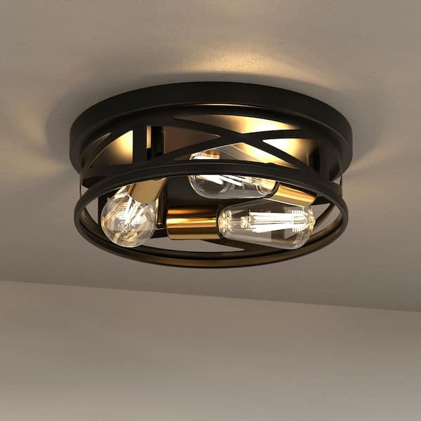 12.6 in. 3-Light Black and Gold Farmhouse Flush Mount, Ceiling Light for Bedroom, Hallway, Kitchen, Living Room