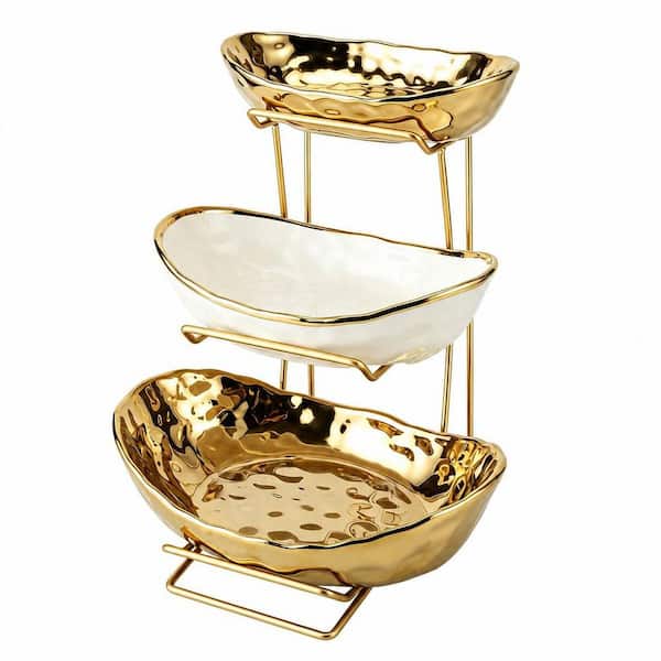 1 Piece Gold Ceramic 3 Tier Fruit Bowls for Kitchen with Metal Stand, Vegetable Bread Candy Snack Nuts Dessert Cake Tray