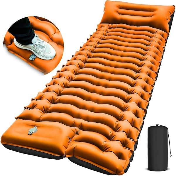 Unbranded Single Camping Sleeping Pad Nylon with Built-in Pillow ft. Pump Inflatable Sleeping Pad in Orange