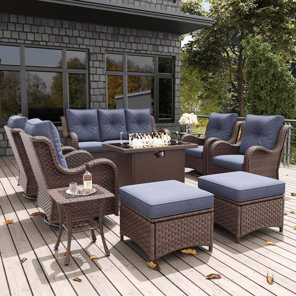 10-Piece Wicker Outdoor Fire Pit Conversation Seating Set with Swivel Rocking Chair and Navy Blue Cushions price history on PriceWatchPro