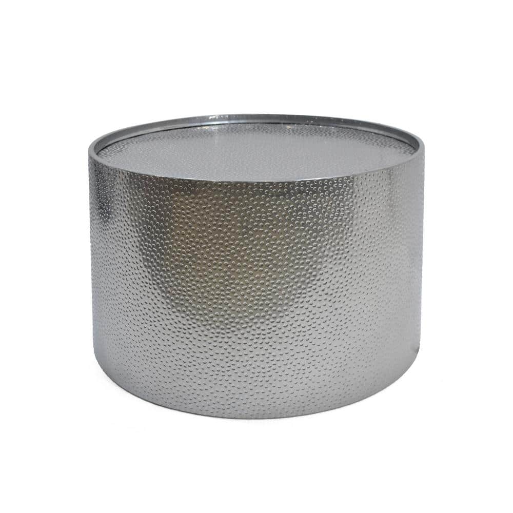 Contemporary 26" Silver Hammered Metal Round Coffee Table