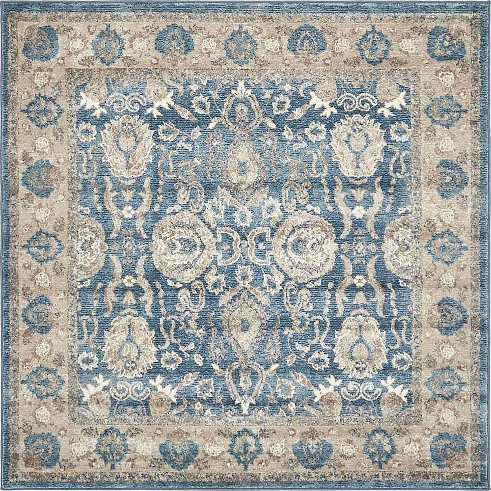 Light Blue Floral Synthetic Square Rug, 5' x 5'