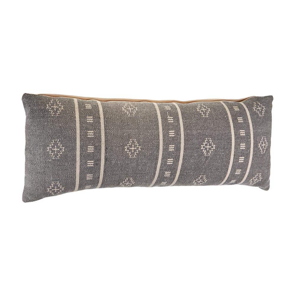 Gray and Cream Embroidered Lumbar Pillow, 36 x 14 Inch