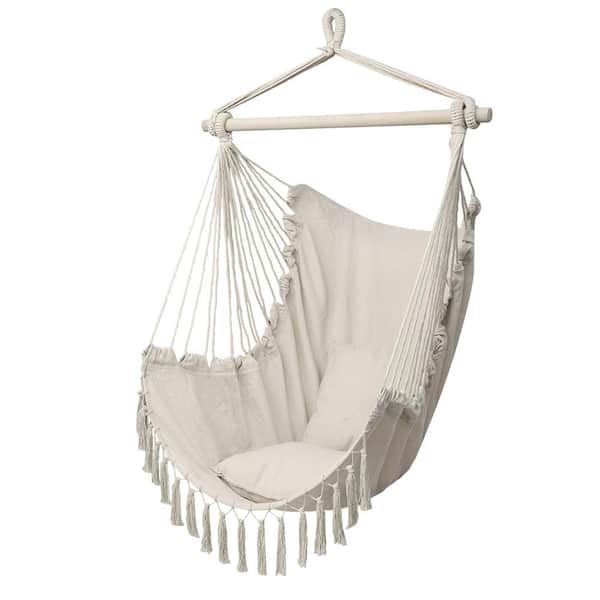 TIRAMISUBEST 37.4 in. x 51.18 in. Portable Hammock Chair Cotton Canvas Hanging Rope Chair with Beige Tassel and Pillow