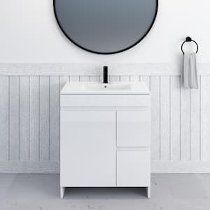 Mace 30 in. W x 18 in. D x 34 in. H Bath Vanity in Glossy White with White Ceramic Top and Right-Side Drawers