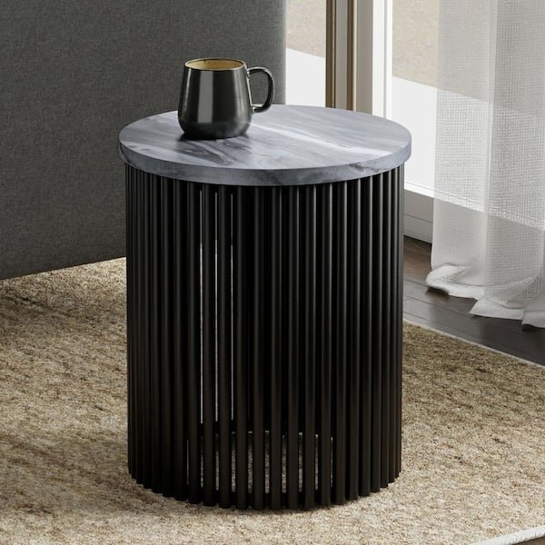 Demy 18 in. Wide Metal/Marble Round Accent Table in Black with Slatted Base