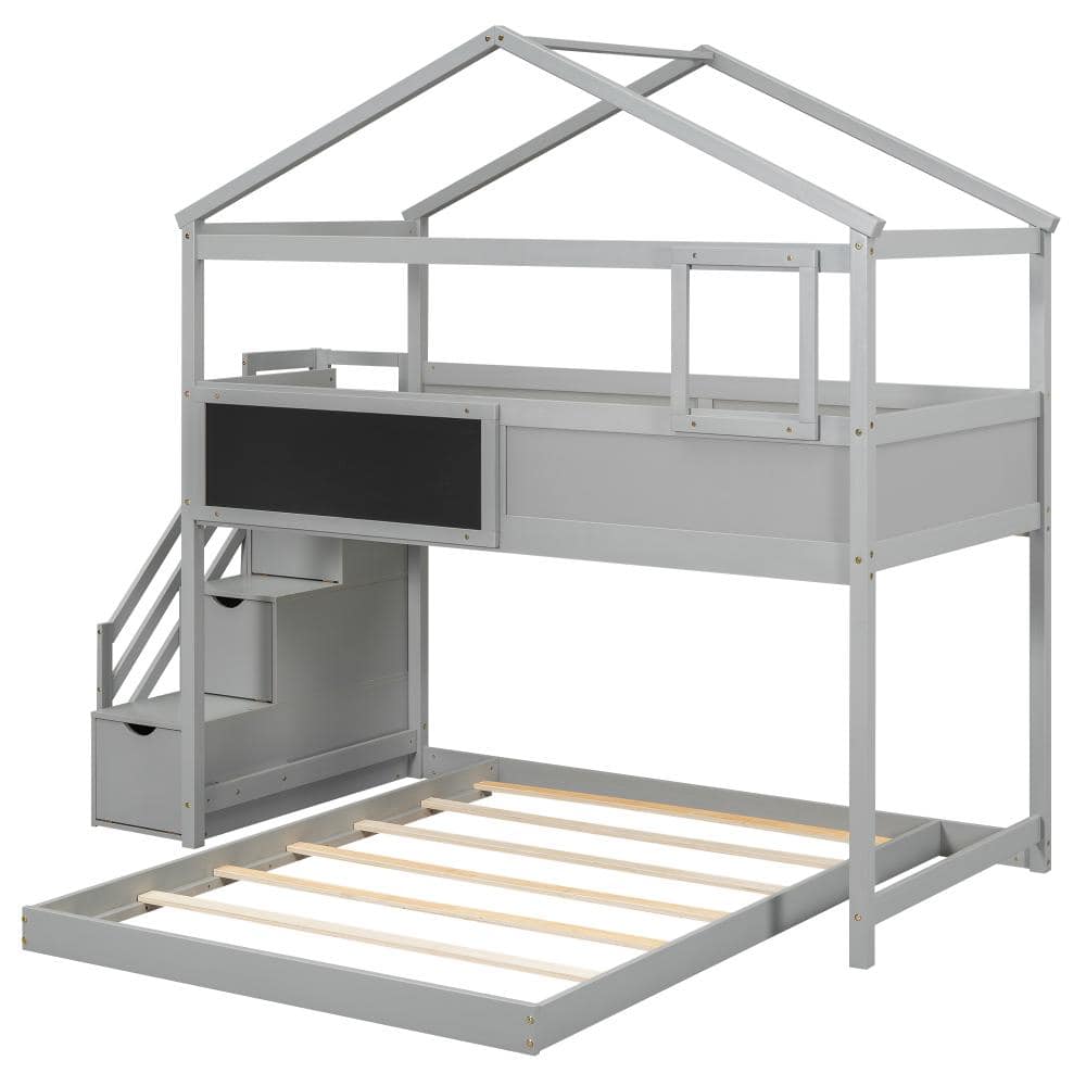 Gray Wood Twin over Full Bunk Bed with Storage Staircase and Blackboard price history on PriceWatchPro