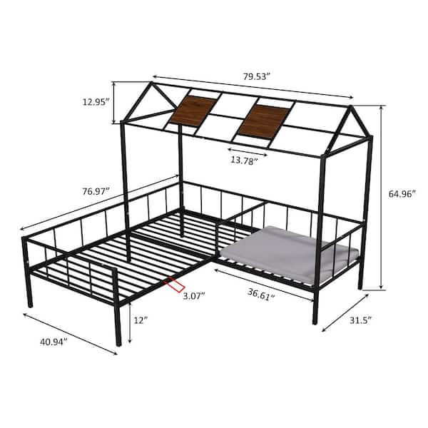 Seafuloy 79 in. W Black Metal Frame Twin Platform Bed with Seating