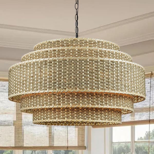 Prime Ray Fenton 26 in. 8-Light Adjustable 5-Tier Woven Rattan Drum Chandelier with Black Hardware
