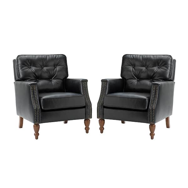 JAYDEN CREATION Hunfried Black Vegan Leather Armchair with Solid Wood Legs (Set of 2)