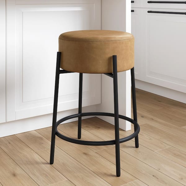 Nathan James Isaac 24 in. Modern Counter Height Bar Stool with Padded Faux Leather Seat, Light Brown/Black