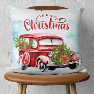 Christmas Car Decorative Single Throw Pillow 18 in. x 18 in. White and Red Square for Couch, Bedding