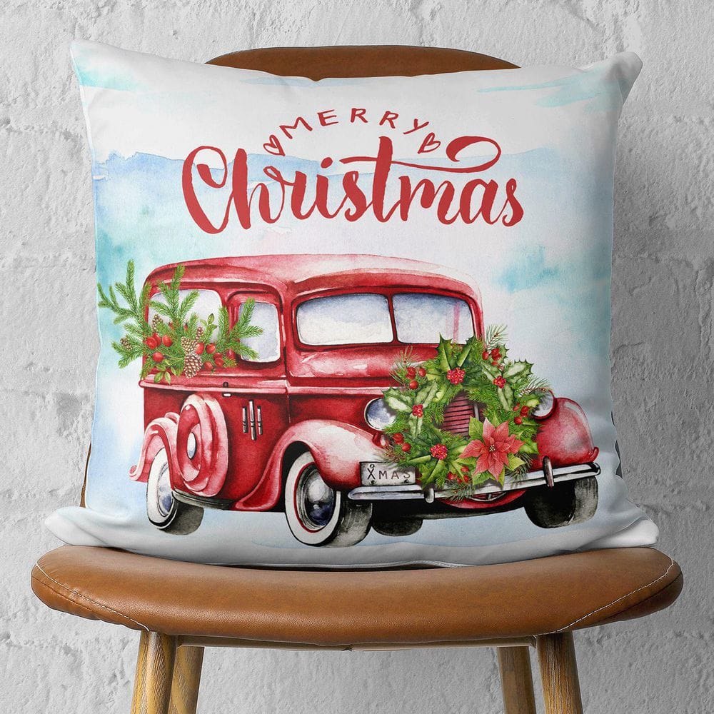 Christmas Car Red and White Polyester Euro Throw Pillow Cover