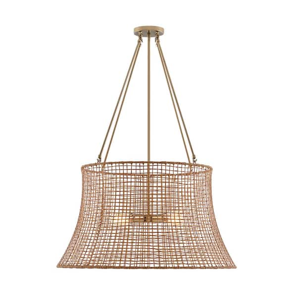 Savoy House Longleaf 4-Light Burnished Brass Outdoor Chandelier with Rattan Resin Shade