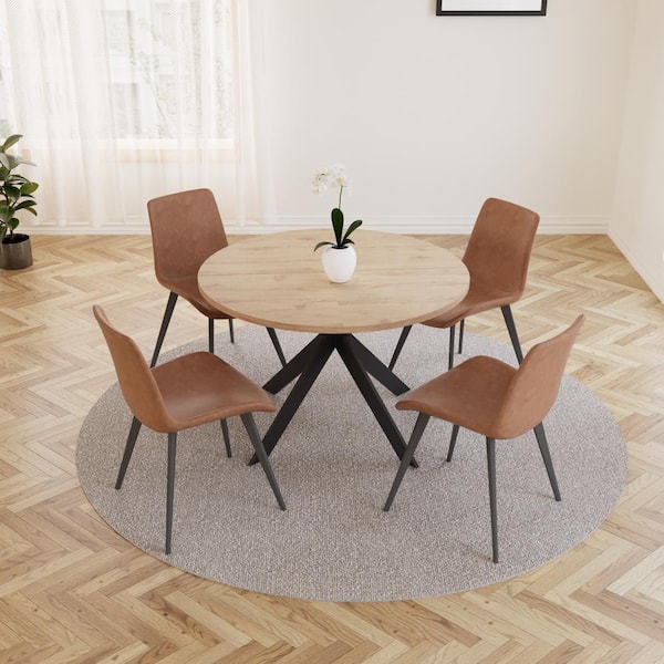 5-Piece (Set of 4) Brown Chairs and Round MDF Dining Table, Dining Table Set, Dining Room Set with 4-Chairs