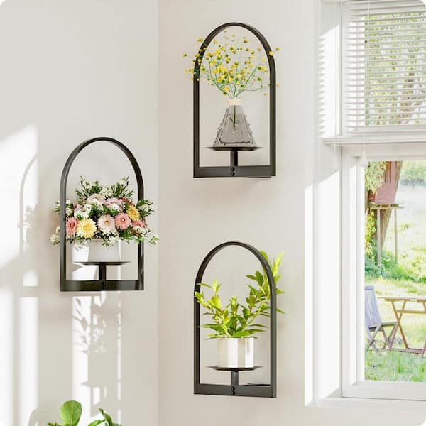 MOEPISY 3 Pack 1-Tier Black Metal Wall Plant Stand (11.8 in. H W x
