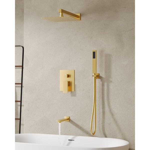 EVERSTEIN 1-Handle 3-Spray Wall Mount Tub and Shower Faucet with 10 in. Rain Shower Head in Brushed Gold (Valve Included)