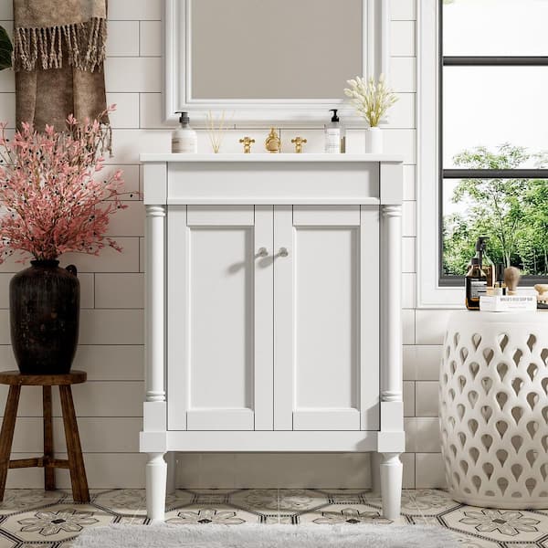 24 in. W Single Sink Retro Style Bath Vanity in White with White Ceramic Top
