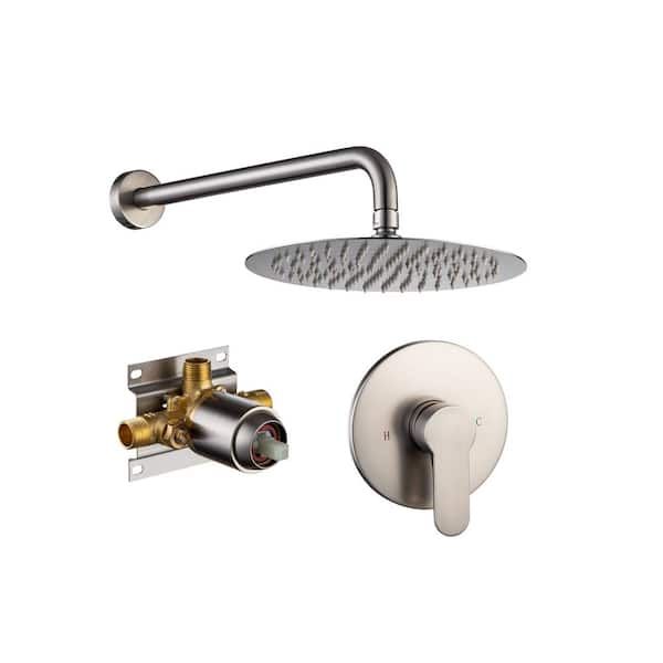 Mondawe Mondawell Round 1-Spray Patterns 10 in. Wall Mount Rain Fixed Shower Head with Valved Included in Brushed Nickel