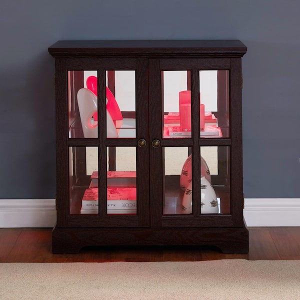 CSC DECOR INC Cherry 32 in. H LED Curio Display Cabinet Accent Showcase Cabinet with Adjustable Shelves Retro Bookcase Storage Cabinet