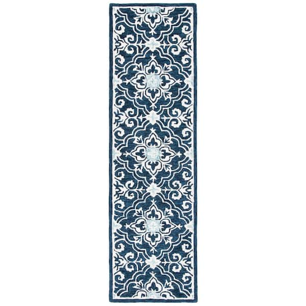 Roslyn 2 ft. x 10 ft. Navy/Light Blue Ornate Border Runner Rug