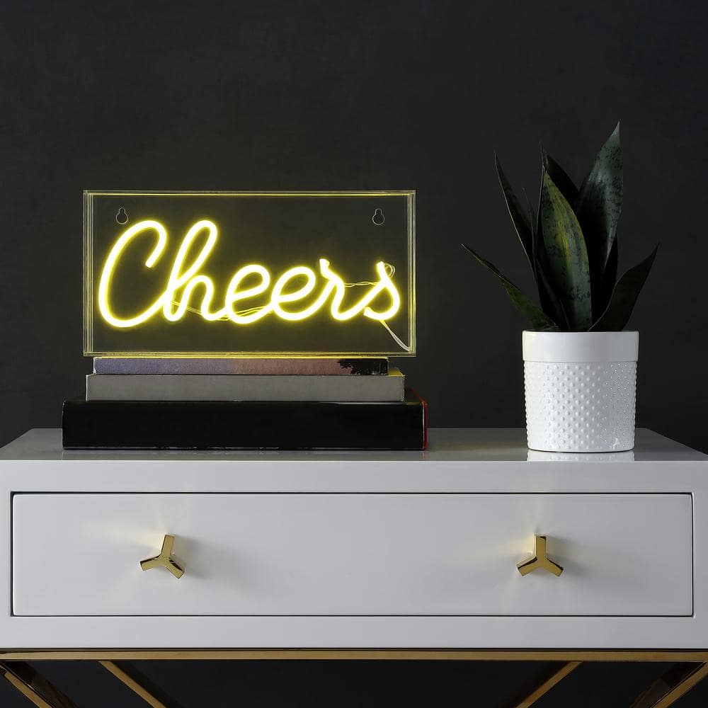 JONATHAN Y Cheers 5.9 in. Yellow Contemporary Glam Acrylic Box USB Operated LED Neon Lamp