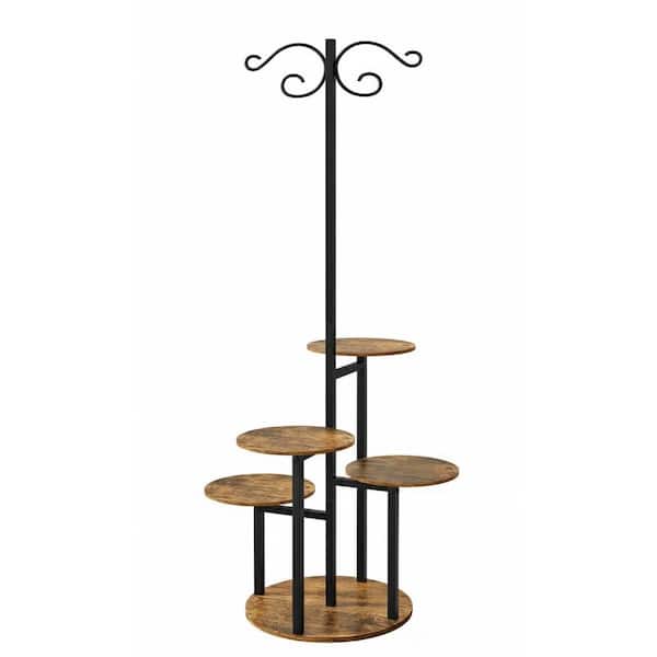 5 Tier Black+Rustic Brown Wood Plant Stand with hook (20 in. W x