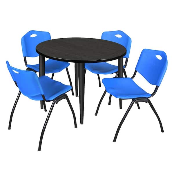 Regency Trueno 36 in. Round Ash Grey and Black Wood Breakroom Table and 4-Blue 'M' Stack Chairs (Seats 4)