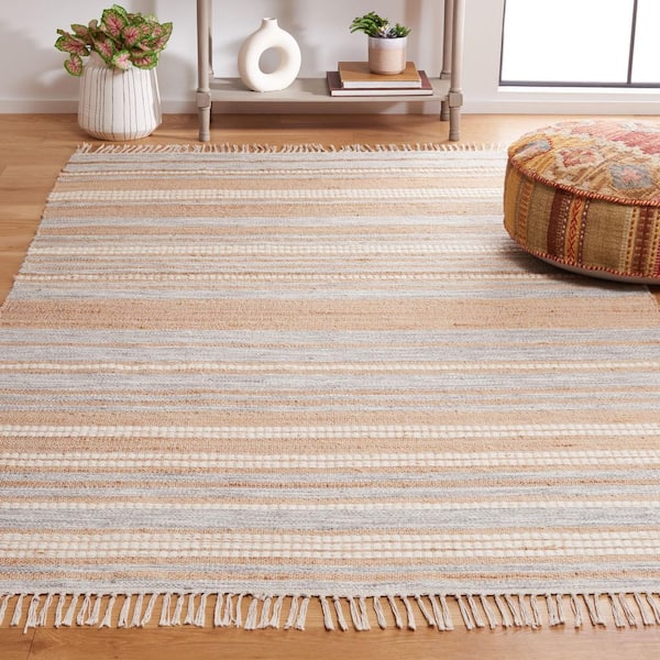 Kilim 5 ft. x 8 ft. Natural/Gray Striped High-Low Area Rug