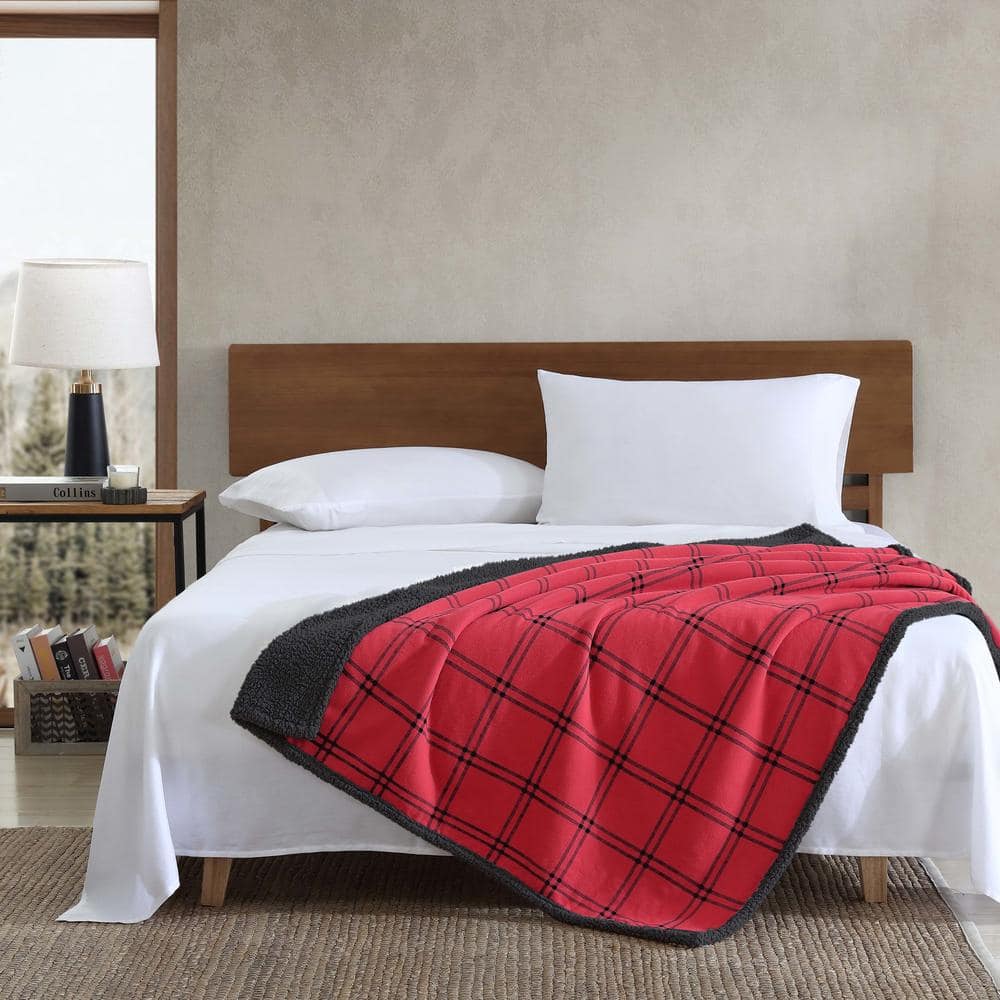 Red and Black Plaid Cotton Sherpa Reversible Throw Blanket