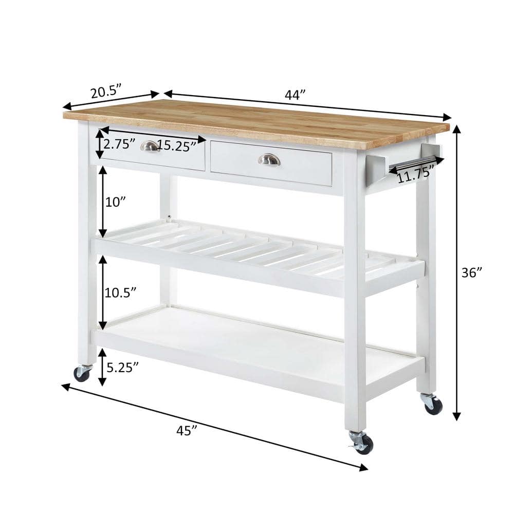 Transitional Butcher Block Kitchen Cart with Wine Storage - White & Natural