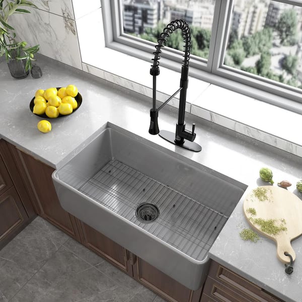 Matte Gray Fireclay 33 in. Single Bowl Farmhouse Apron Workstation Kitchen Sink with Bottom Grid and Strainer