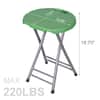 Stool with weight capacity and dimensions shown.