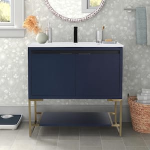 Modern 36 in. W x 18 in. D x 35 in. H Freestanding Bath Vanity in Navy Blue with White Ceramic Sink and Top