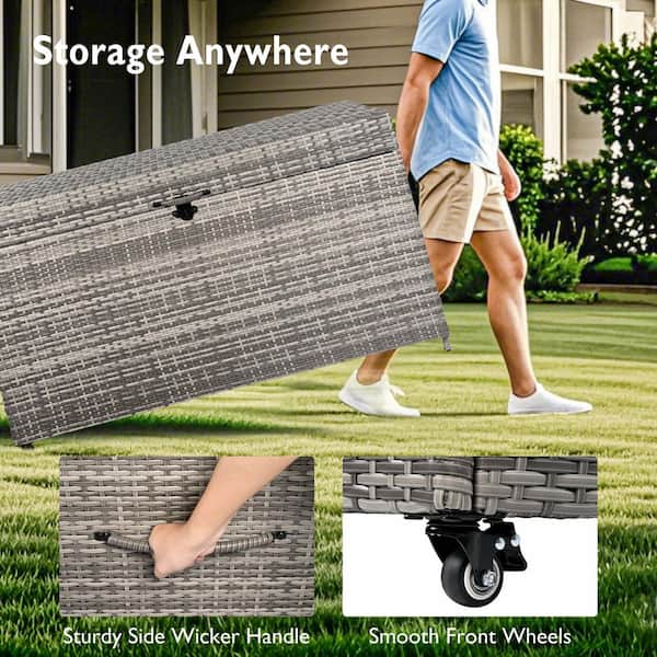 200 Gal. Grey Wicker Outdoor Deck Box with Wheels, All