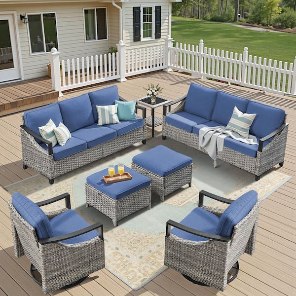 7-Piece Wicker Patio Conversation Set, Outdoor Sofa and Swivel Chairs Set with Blue Cushions